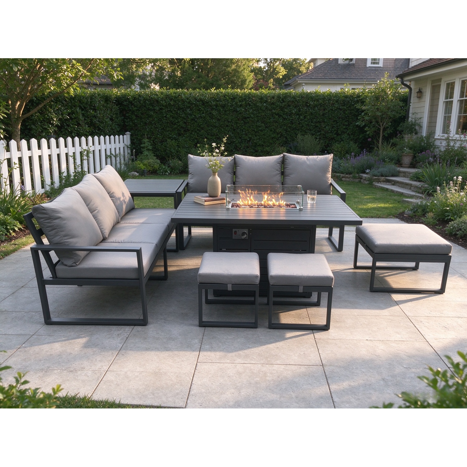 Rackhams Dark/Grey Aluminium Outdoor Lounge Sofa Garden Furniture Sets Gas Fire Pit Dining Table Set With 3 Footstools Side Table - Image 2