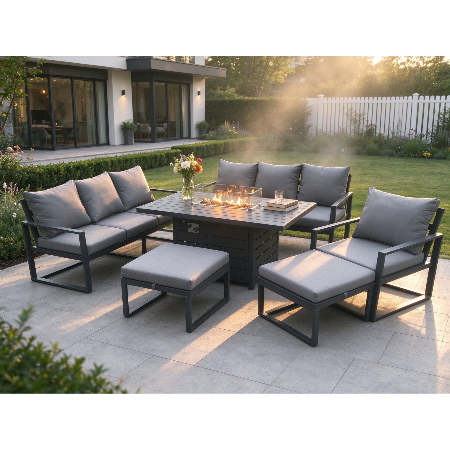 Fimous Aluminium 6 Pieces Garden Sofa Set 9 Seater Gas Fire Pit Dining Table Set 2 Big Stool S - Image 1