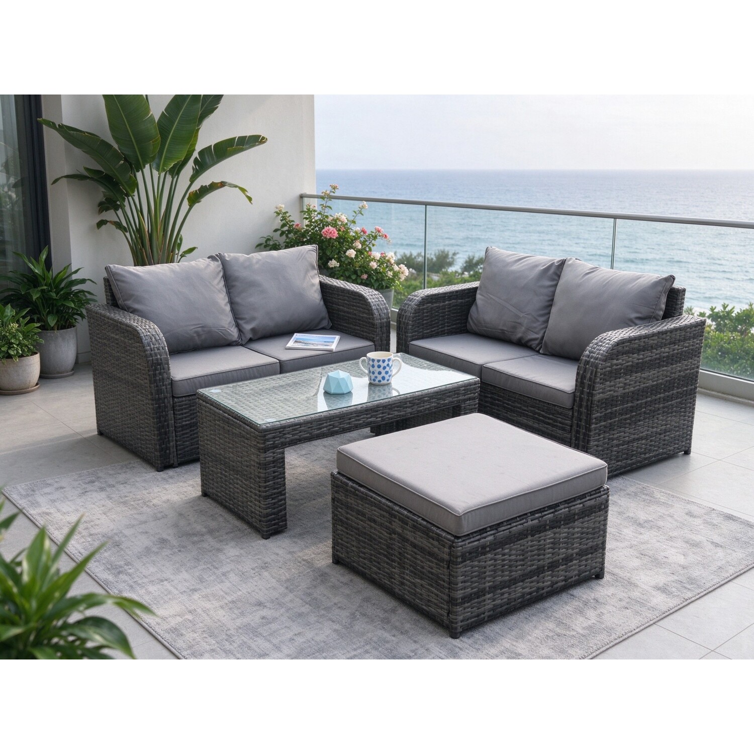 Fimous Unisex Dark Grey High Back Rattan Garden Furniture Set With Loveseat Sofa Coffee Table Footstool Outdoor Patio Lounge Sofa Set In Size 1 - Image 2