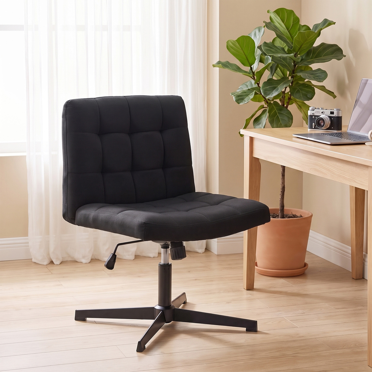 HOMCOM Armless Office Chair, Cross Legged Vanity Chair with Wide Seat in Black - Image 3