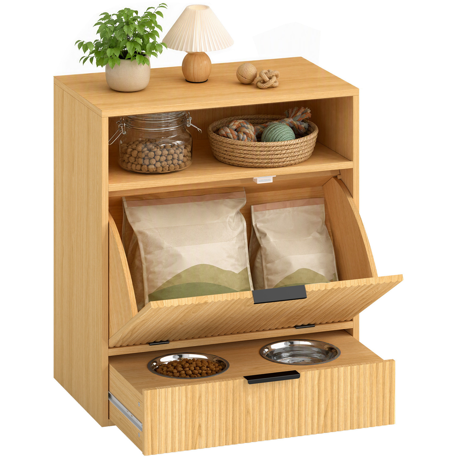 Pawhut Pet Feeder Station With Storage, 2 Raised Stainless Steel Bowls, Oak - Image 1