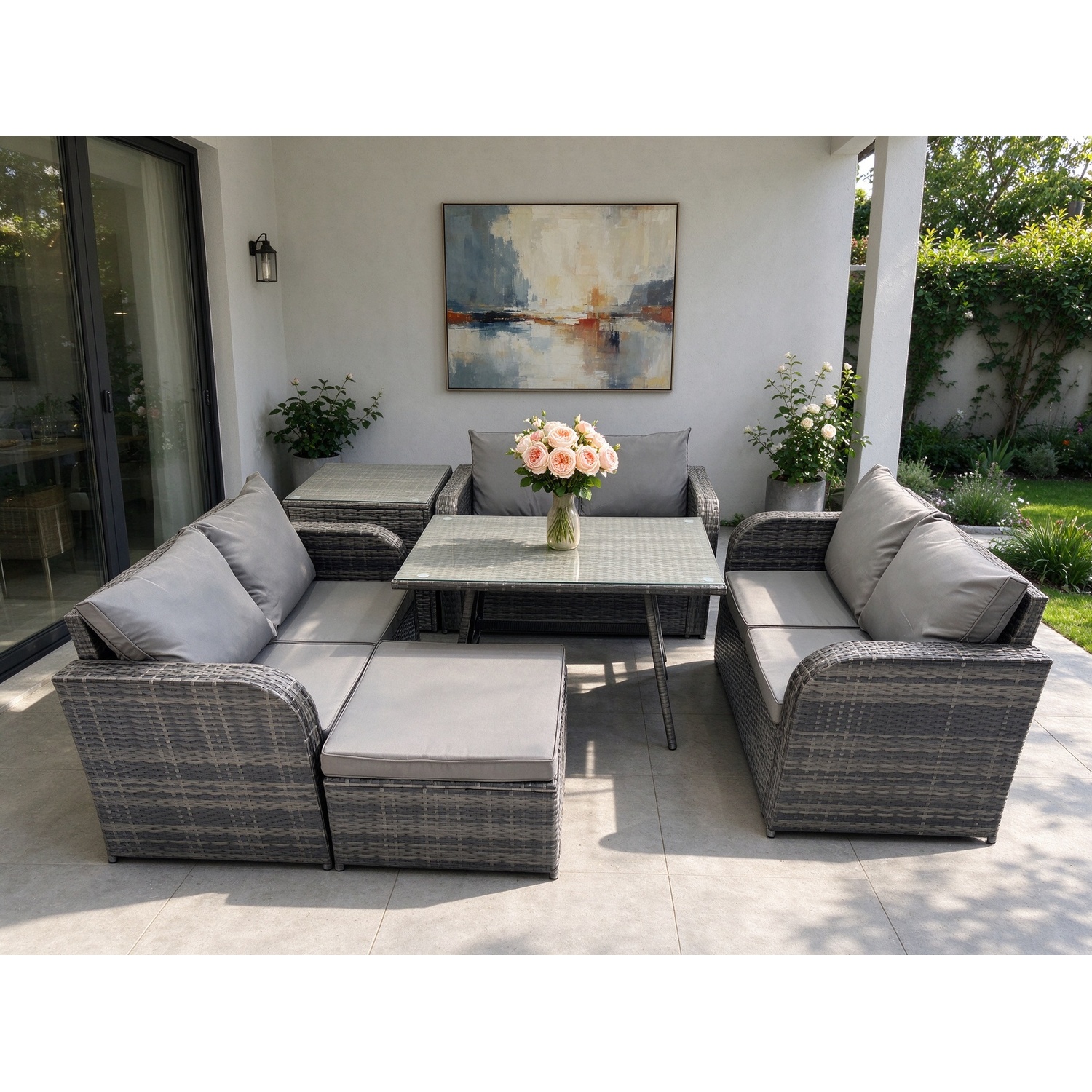 B&Q - Rattan Garden Furniture Set 7 Seater Patio Outdoor Love Sofa Set With Rectangular Dining Table Big Footstool Side Table - Image 2