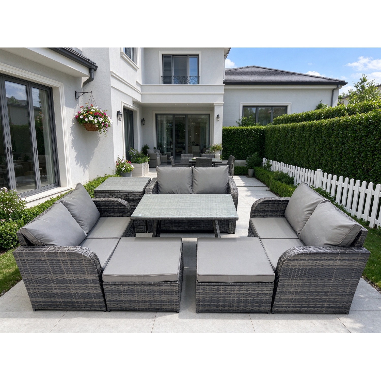 Fimous Outdoor Rattan Garden Furniture Set 8 Seater Patio Love Sofa With Rectangular Tempered Glass Dining Table, 2 Footstools & Side Table Dark Grey - Image 1
