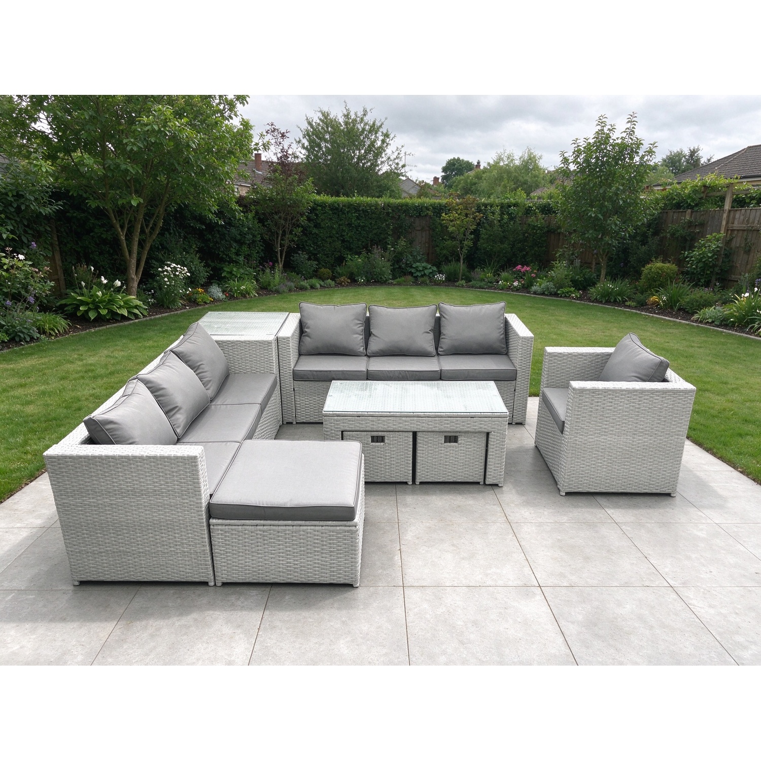 Fimous Wicker Pe Rattan Sofa Garden Furniture Set With Oblong Coffee Table Armchair 3 Footstools Side Table Light Grey Mixed - Image 3