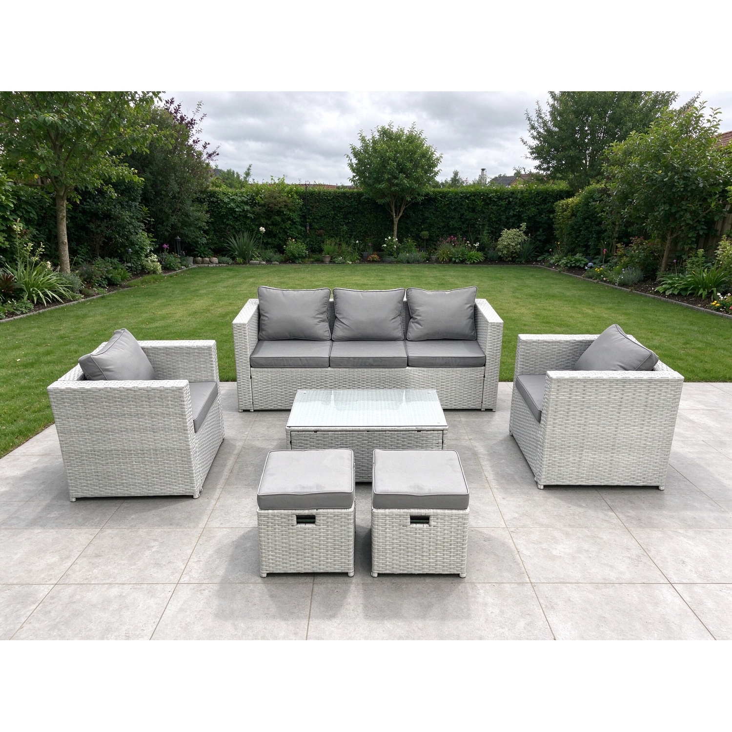 Fimous Light/Grey Rattan Garden Furniture Set With 3 Seater Sofa 2 Chair Rectangular Coffee Table 2 Small Footstools Mixed 7 Seater - Image 2