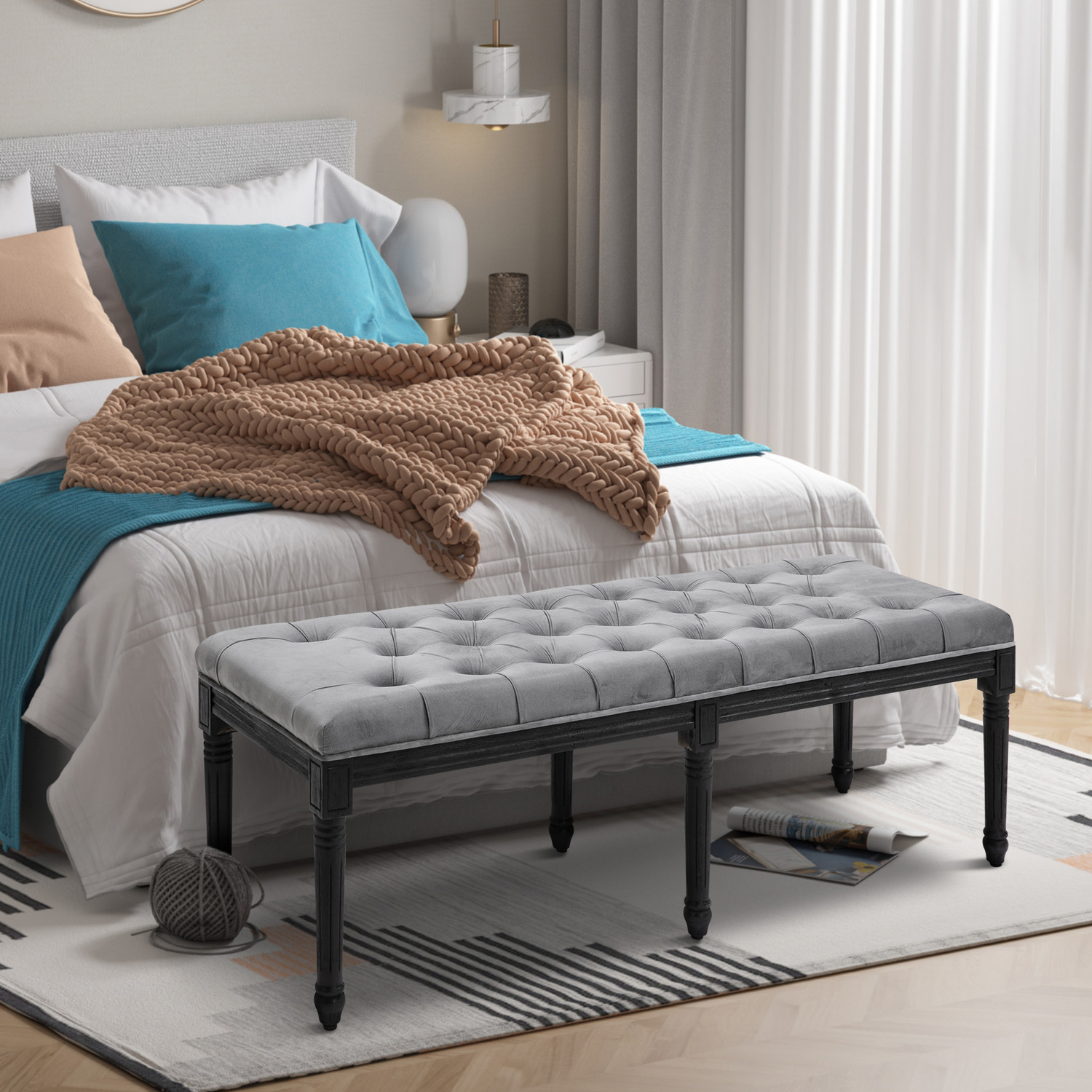HOMCOM - Fabric Velvet Upholstered Tufted Accent Bench - Grey thumbnail