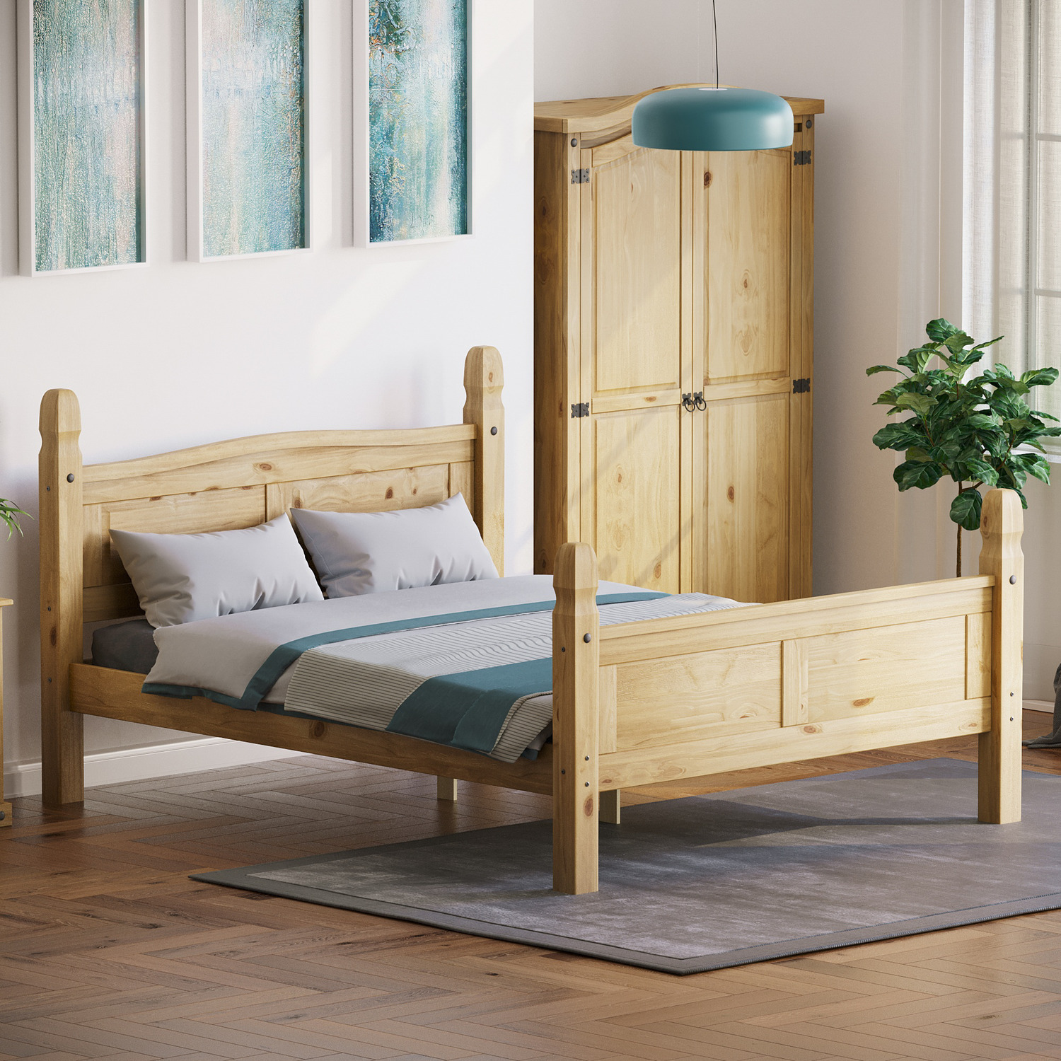 Corona Solid Pine Wood Bed Frame - Pine - High Foot End  / King
