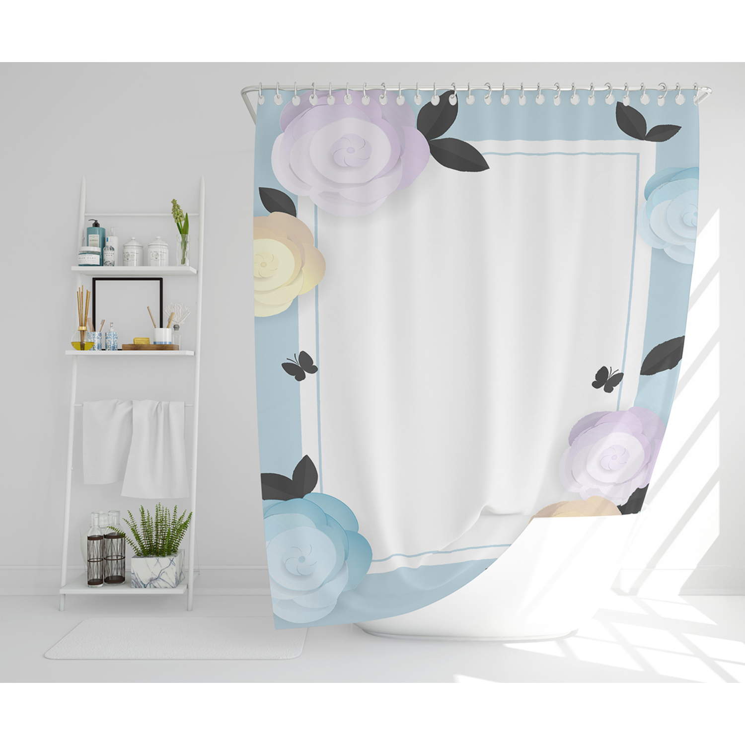 Pastel Colour Flowers Shower Curtain - Blue