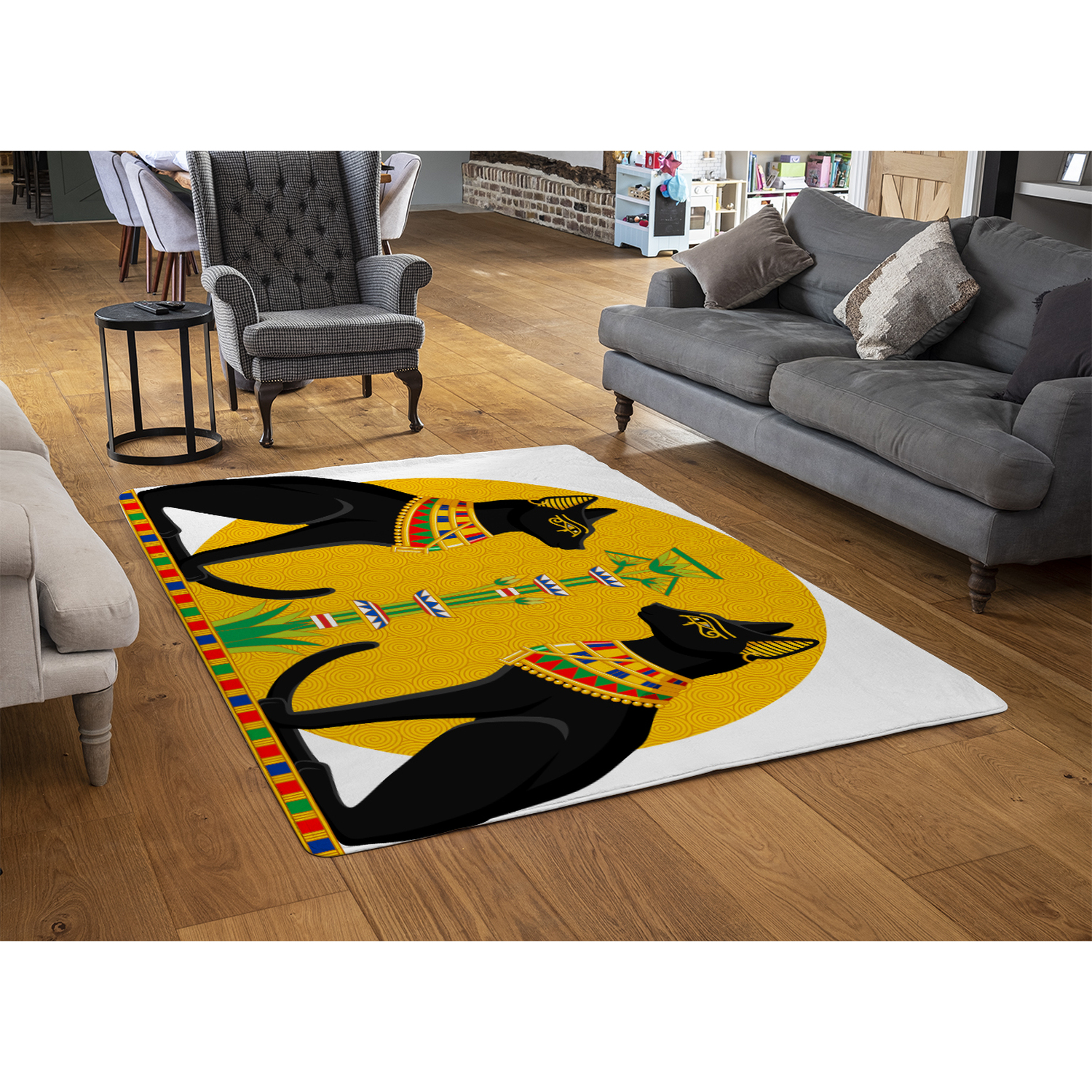 Illustration Of Black Egyptian Cats With Papyrus Rug - Orange / 150cm thumbnail