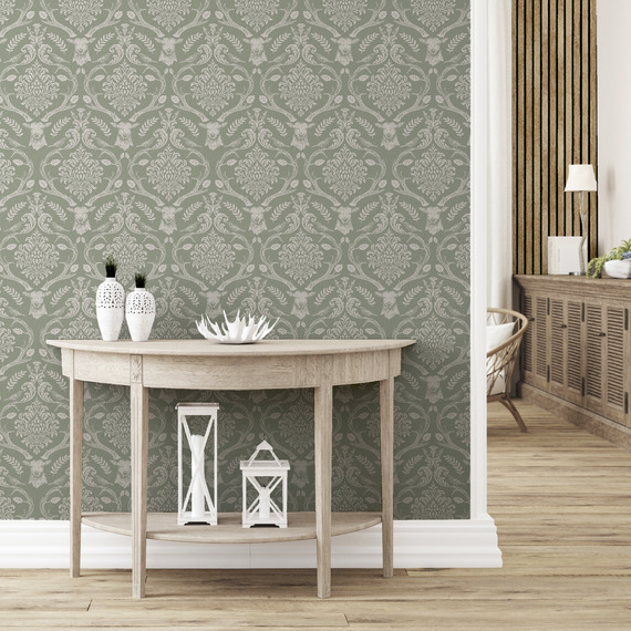 Arthouse Stag Damask Sage Green Wallpaper