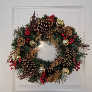 Gold Dressed Christmas Wreath, Baubles, Pinecones and Berries.