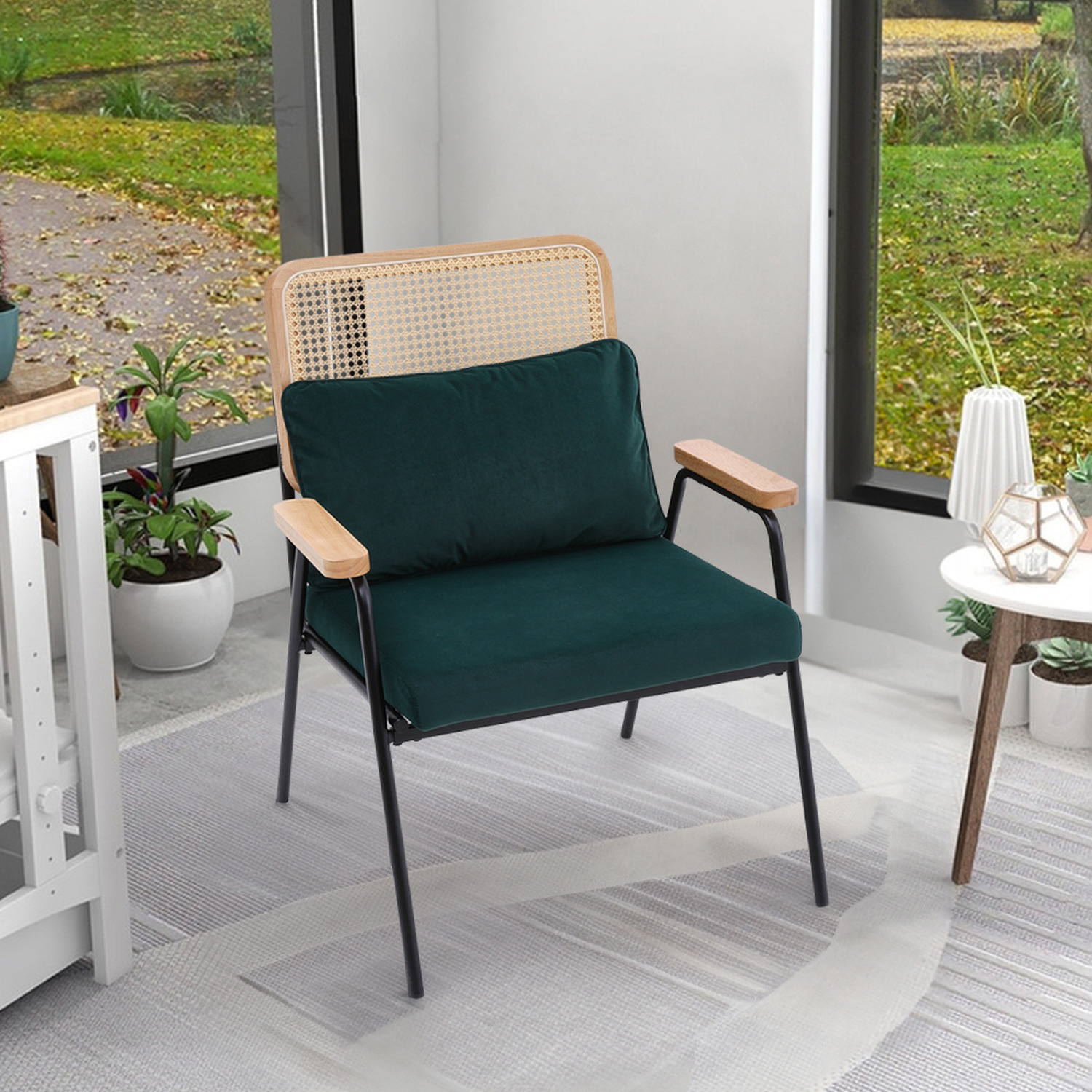 Frosted Velvet Armchair Ratten Back Living Room Bedroom - Dark Green