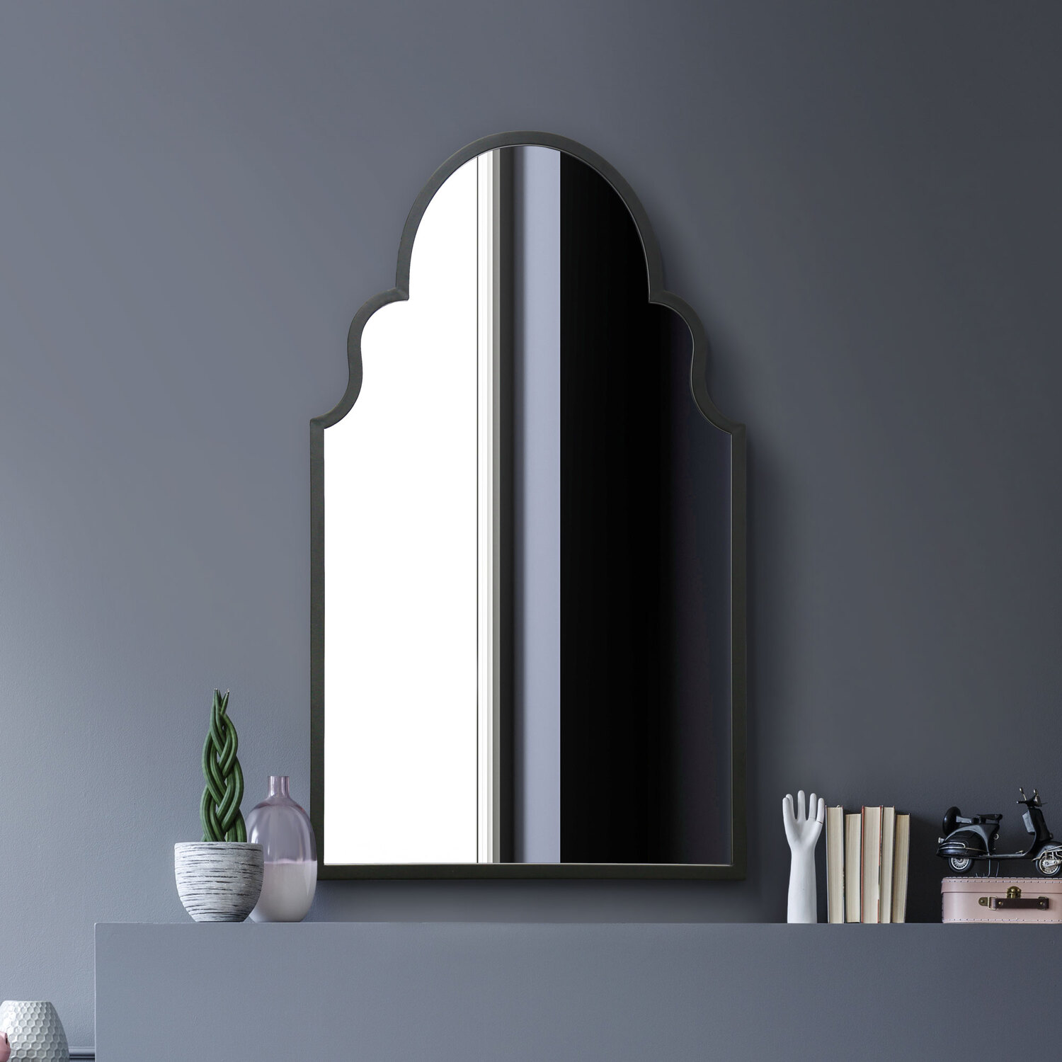 MirrorOutlet - Arcus Crown Overmantle Metal Framed Arched Wall Mirror - Black thumbnail