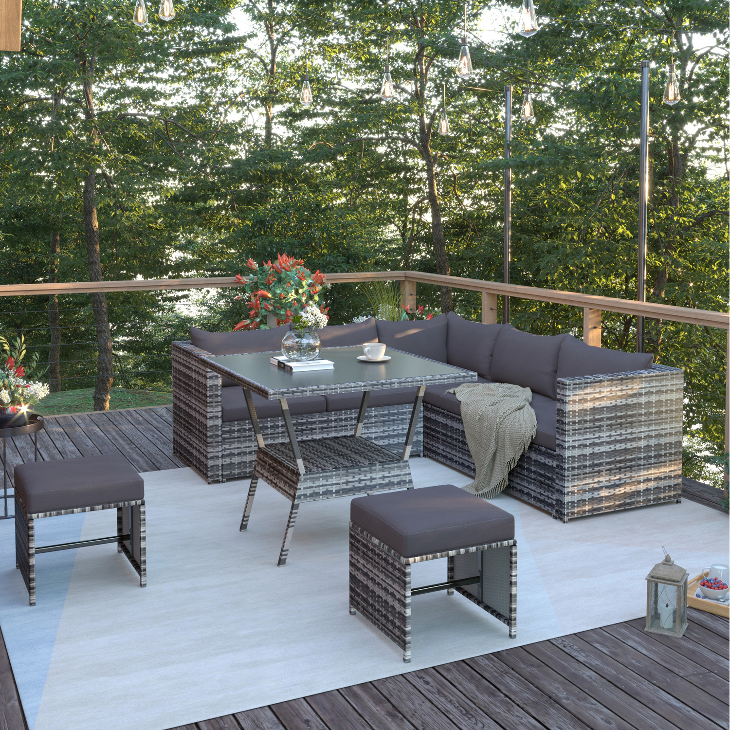 7 Seater Rattan Outdoor Garden Corner Sofa Set Patio Dining Set - Grey