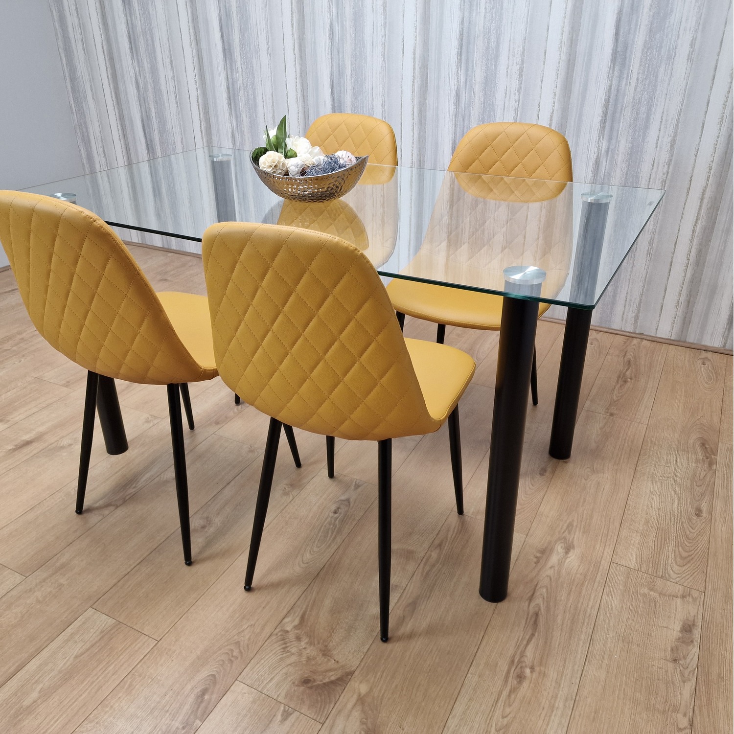 Glass Dining Table With 4 Mustard Chairs Dining Room Dining Table Set for 4 - 140cm / 140cm thumbnail