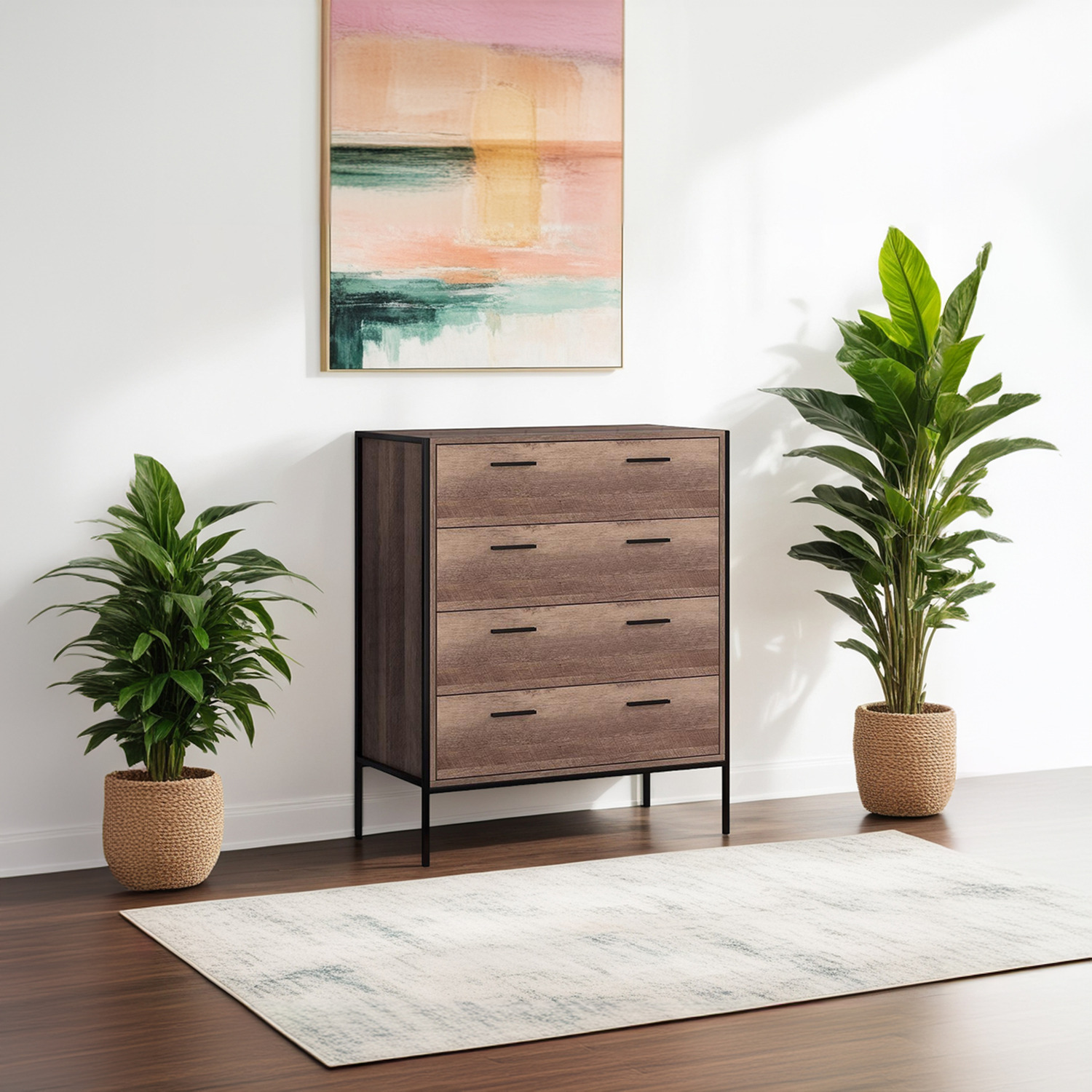 FWStyle 4 Drawer Chest Of Drawer Industrial Effect Oak Finish - Cracked Oak