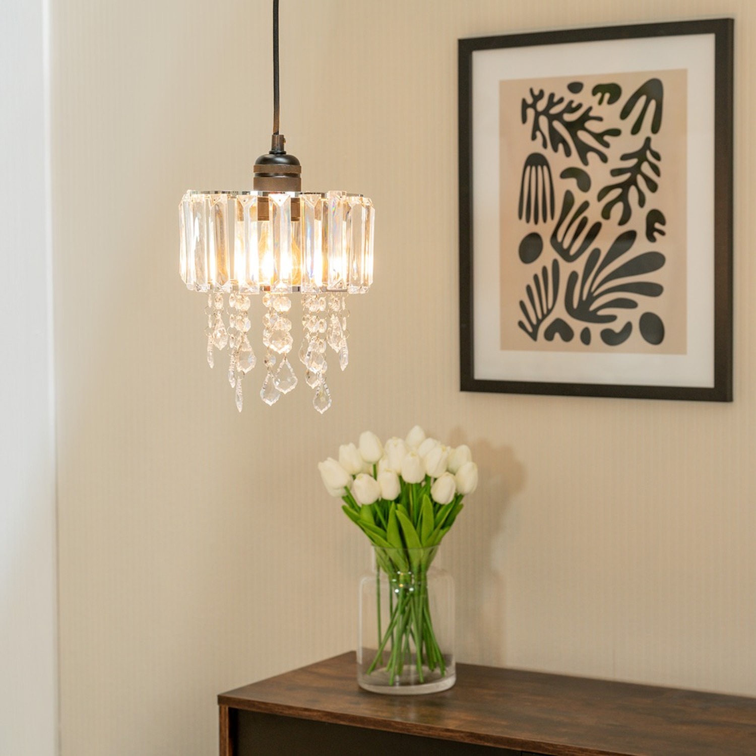 Mabel Clear Acrylic Jewel Droplet Drum Ceiling Light Shade and LED Bulb - White