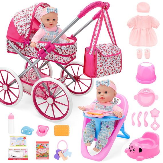 18-Piece Baby Doll Pram Set Pink