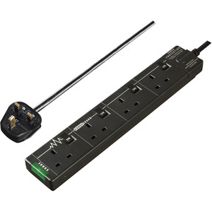 4 Socket 2m Extension Lead Surge Switched LED Black