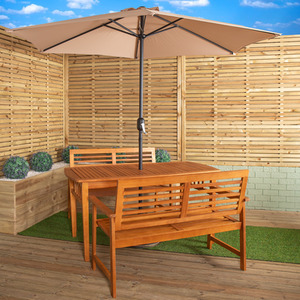 4 Person Dining Table, 2 Benches with Beige Parasol and Base