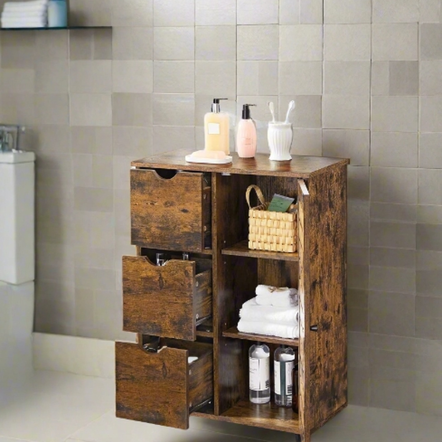 Industrial Bathroom Cabinet With 3 Drawers - Brown