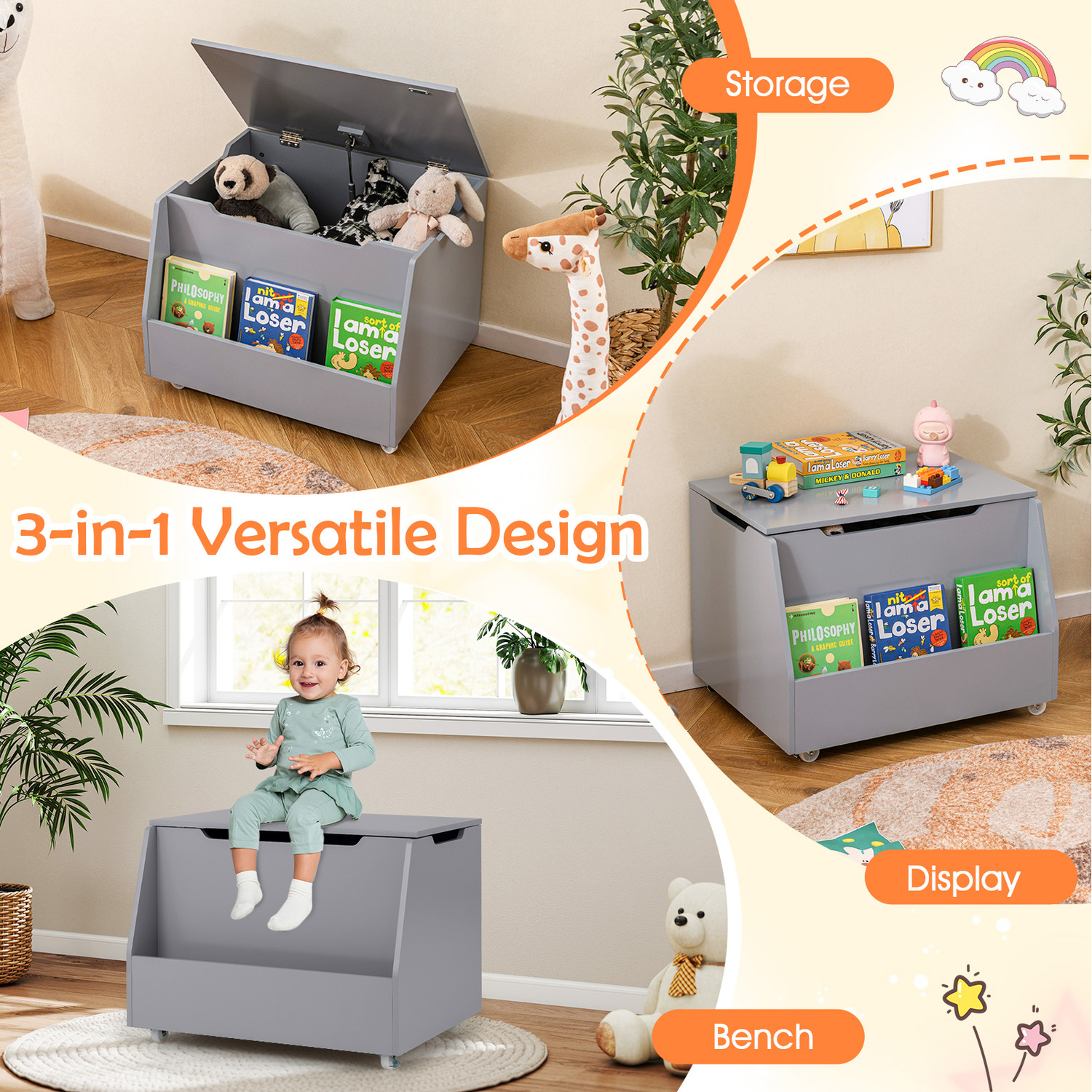 Kids Toy Box Mobile Toy Storage Organizer - Grey