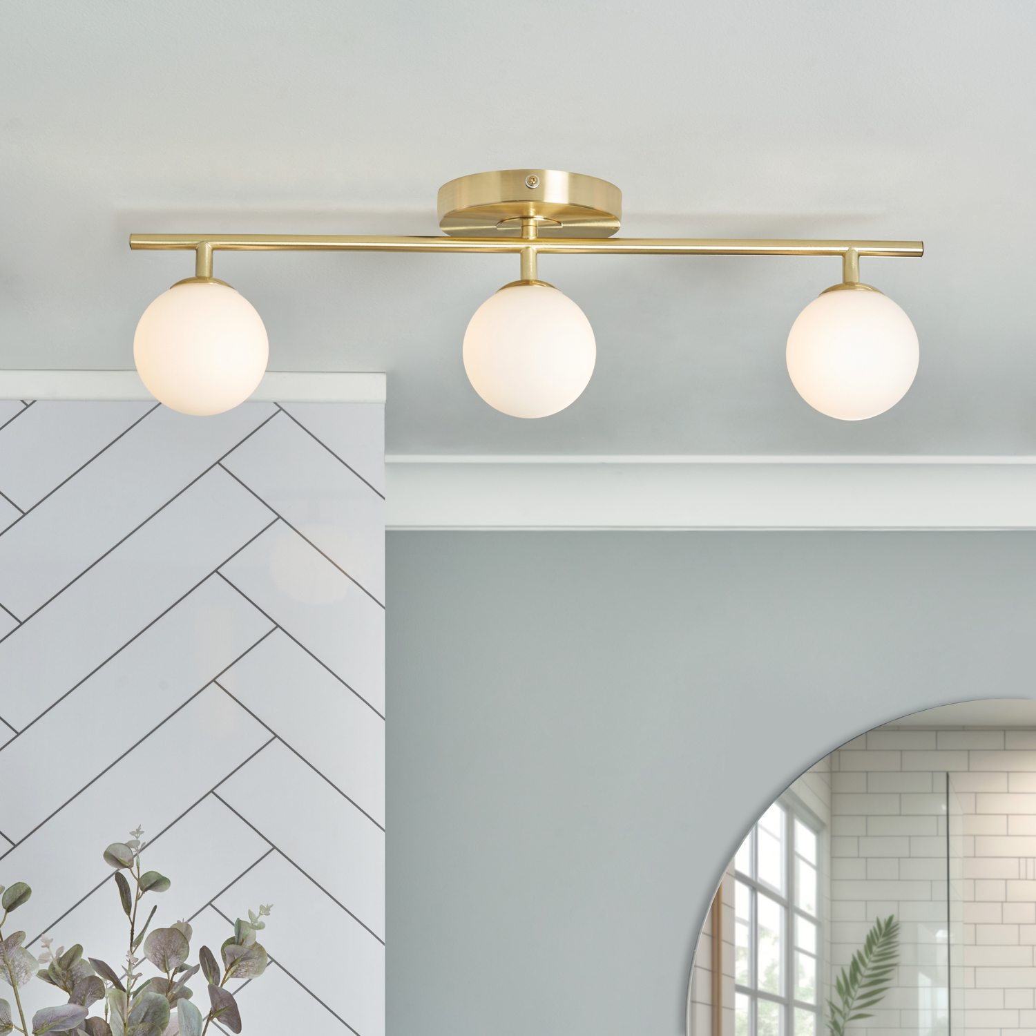 Eloise 3 Light Bathroom Ceiling Spotlight Bar With Opal Glass - Satin Brass