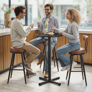 Modern Bar Table, Cross Base, Metal Frame, Ebony Black, Seats 2-3