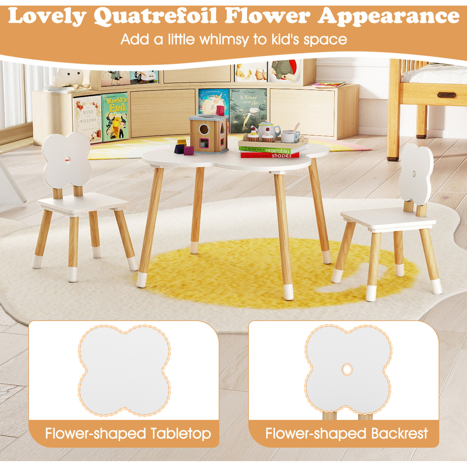 Flower-shaped Kids Table Set - White