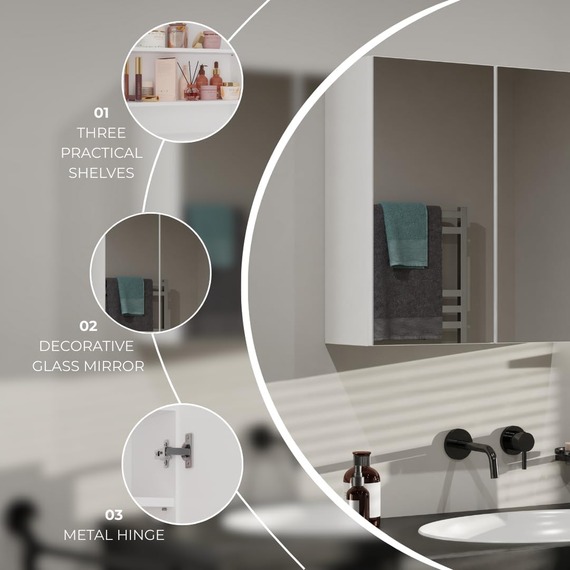 White Bathroom Mirror Cabinet 60 x 60 x 22cm Wall Mounted Storage Unit