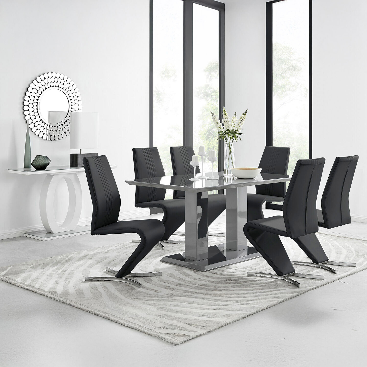 Imperia Grey High Gloss Dining Table with 6 Willow Chairs - Black