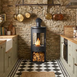OKO S7 Bio Ethanol Panoramic Stove Charcoal Grey with Angled Metal Pipe