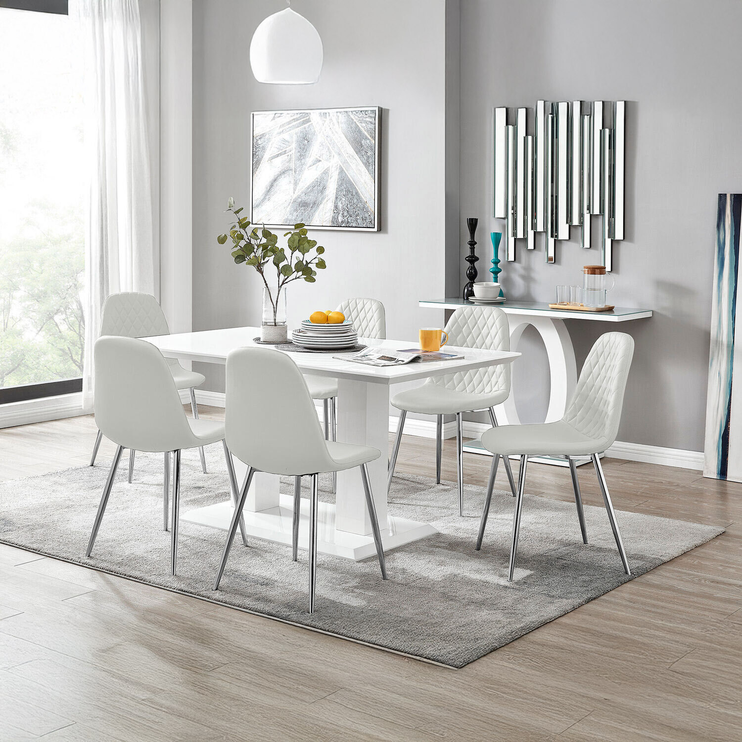 Imperia High Gloss Dining Table and 6 Corona Chairs Set - White