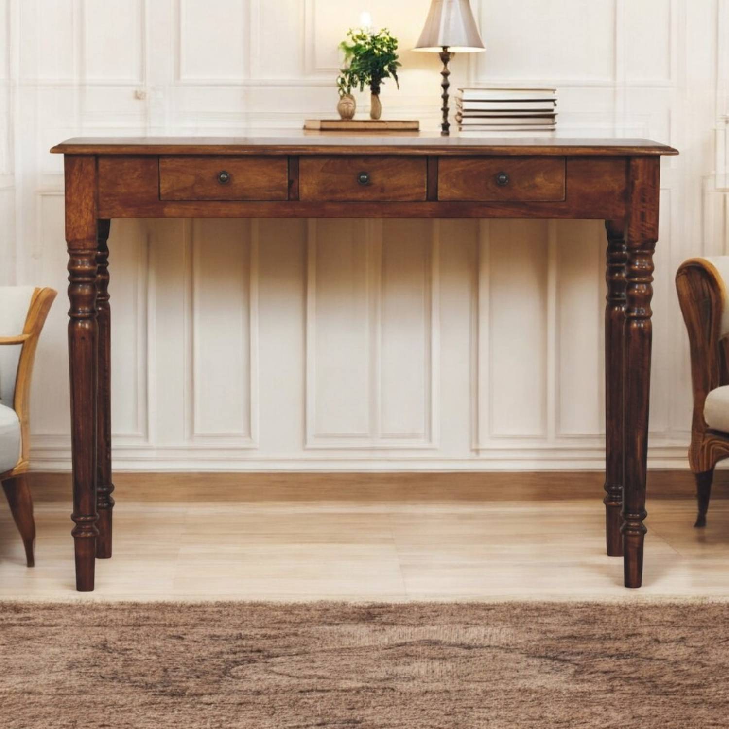 Artisan Furniture Solid Wood Turned Legs 3 Drawer Chestnut Console - Brown