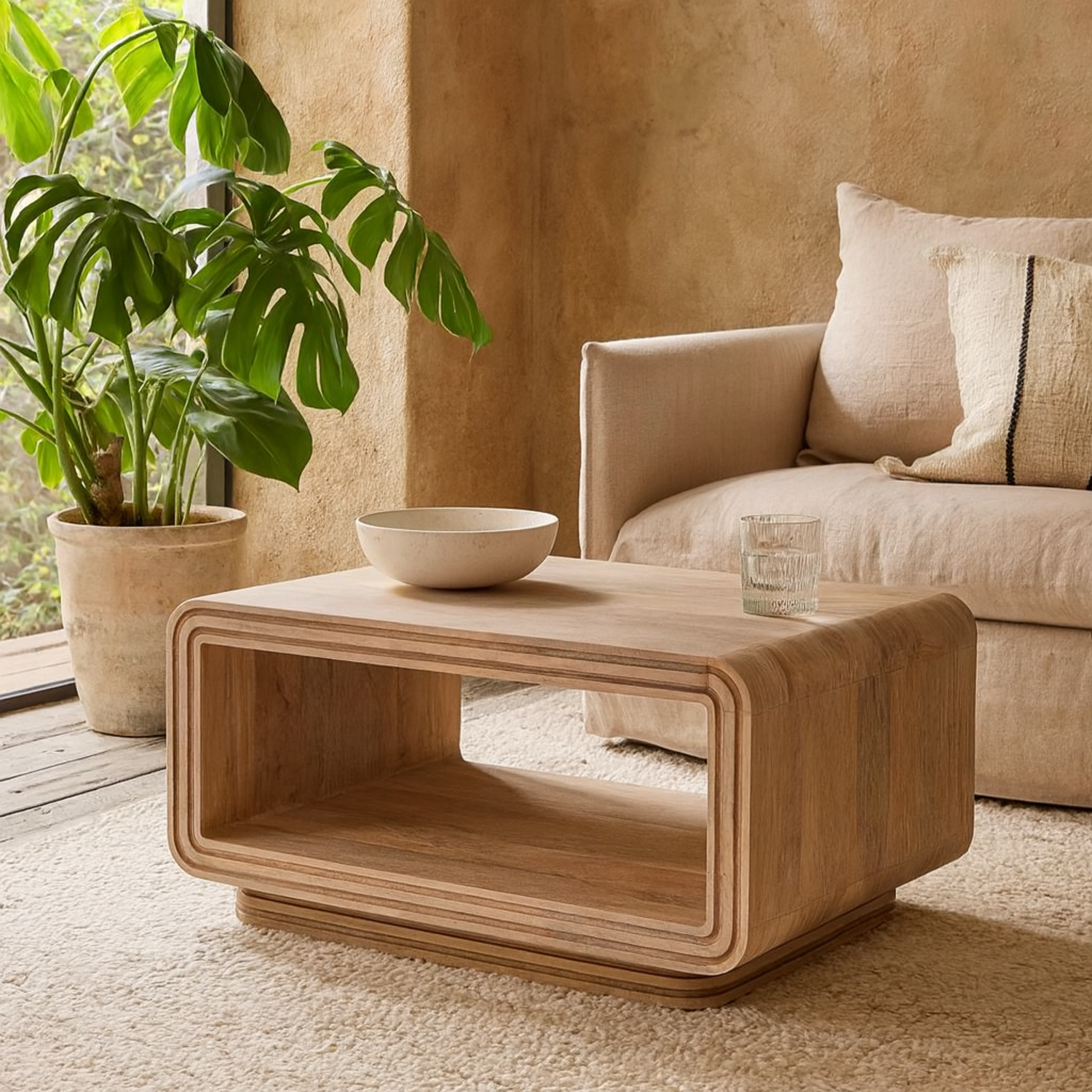 Arizona Carved Mango Wood Open Coffee Table Matt Finish - Brown
