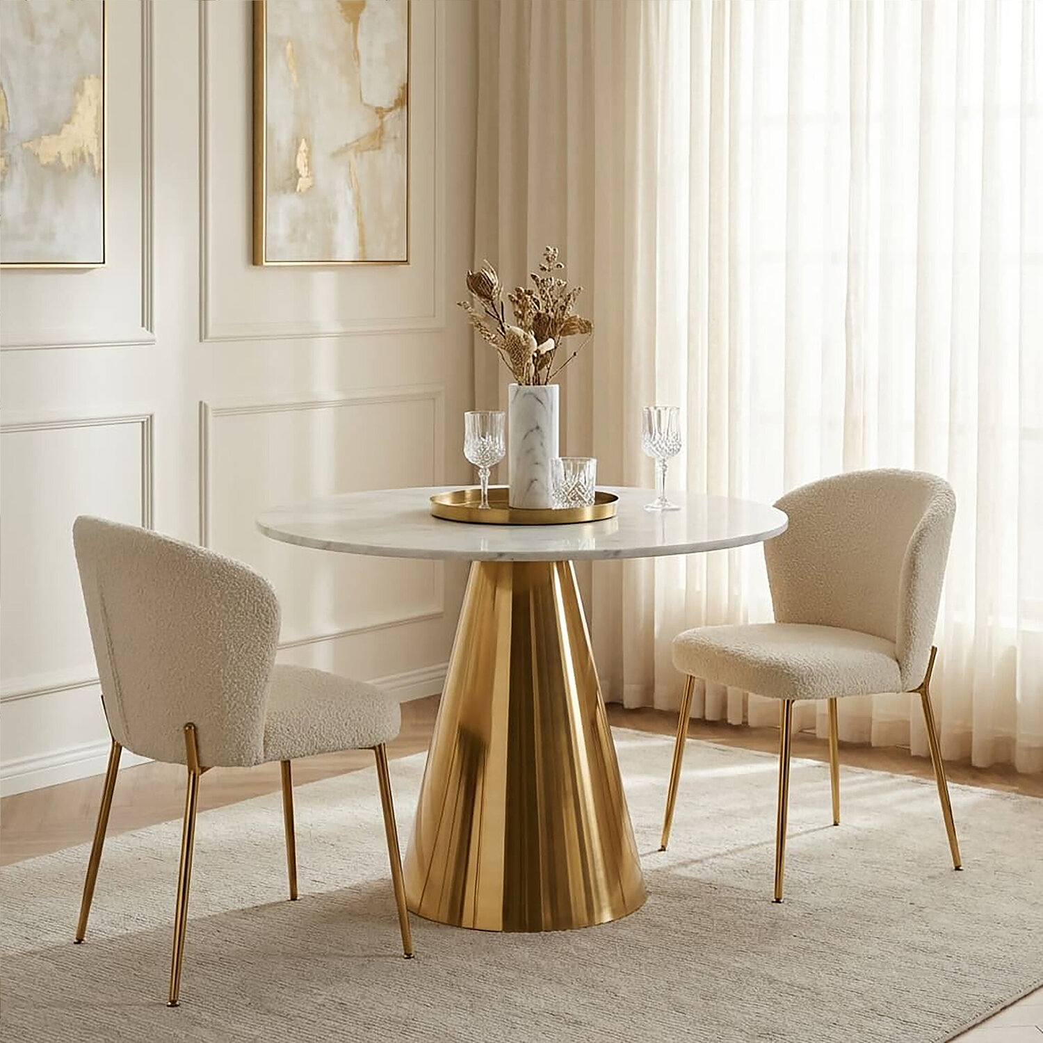Azalea White Marble Top Dining Table - Gold