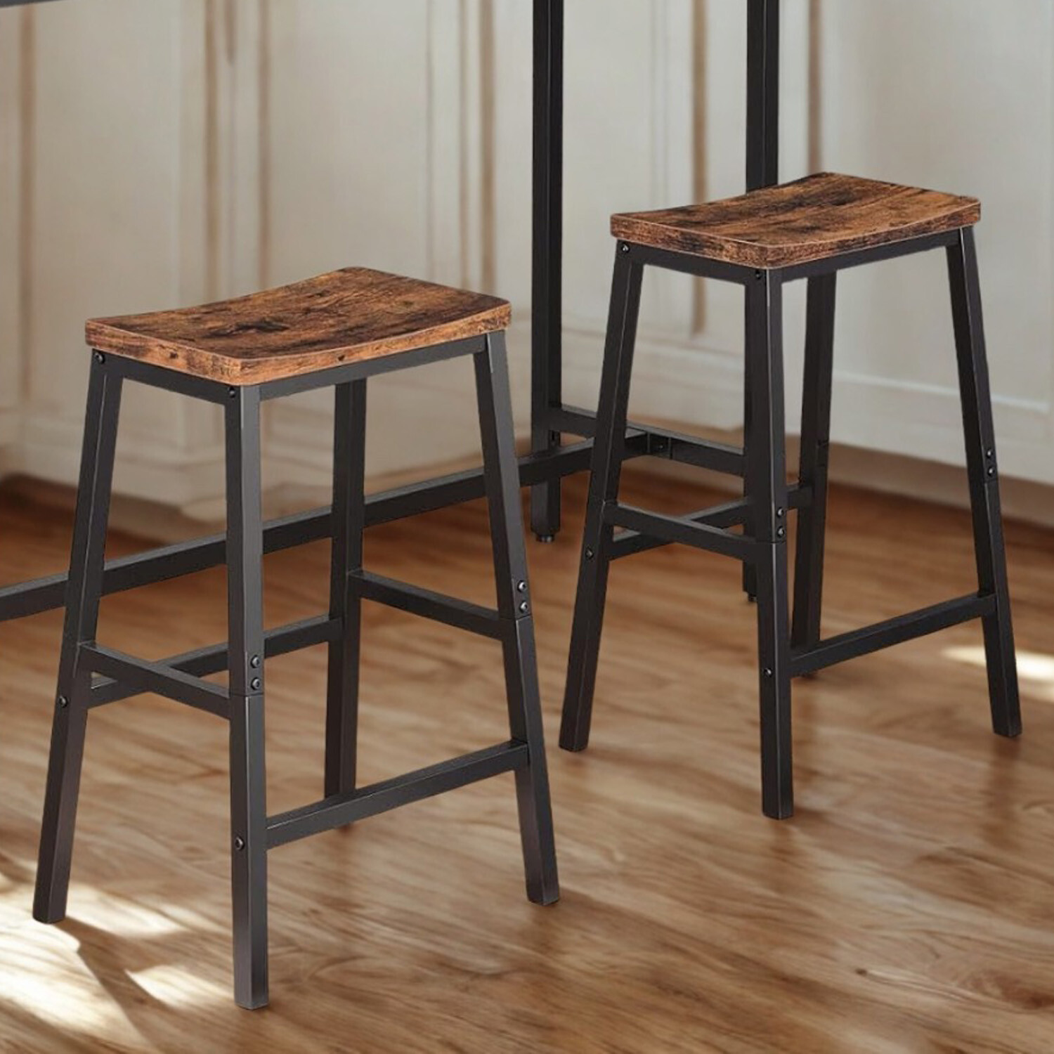 Set Of 2 Kitchen Counter Height Breakfast Bar Stools With Footrest Brown - Rustic Brown 60cm