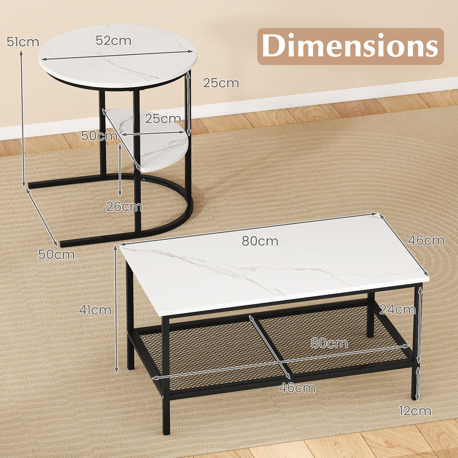 Nesting Faux Marble Coffee Table - White