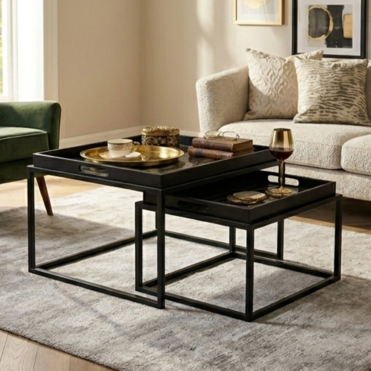Celina Black and Gold Set Of 2 Nesting Tray Tables - Black, Gold
