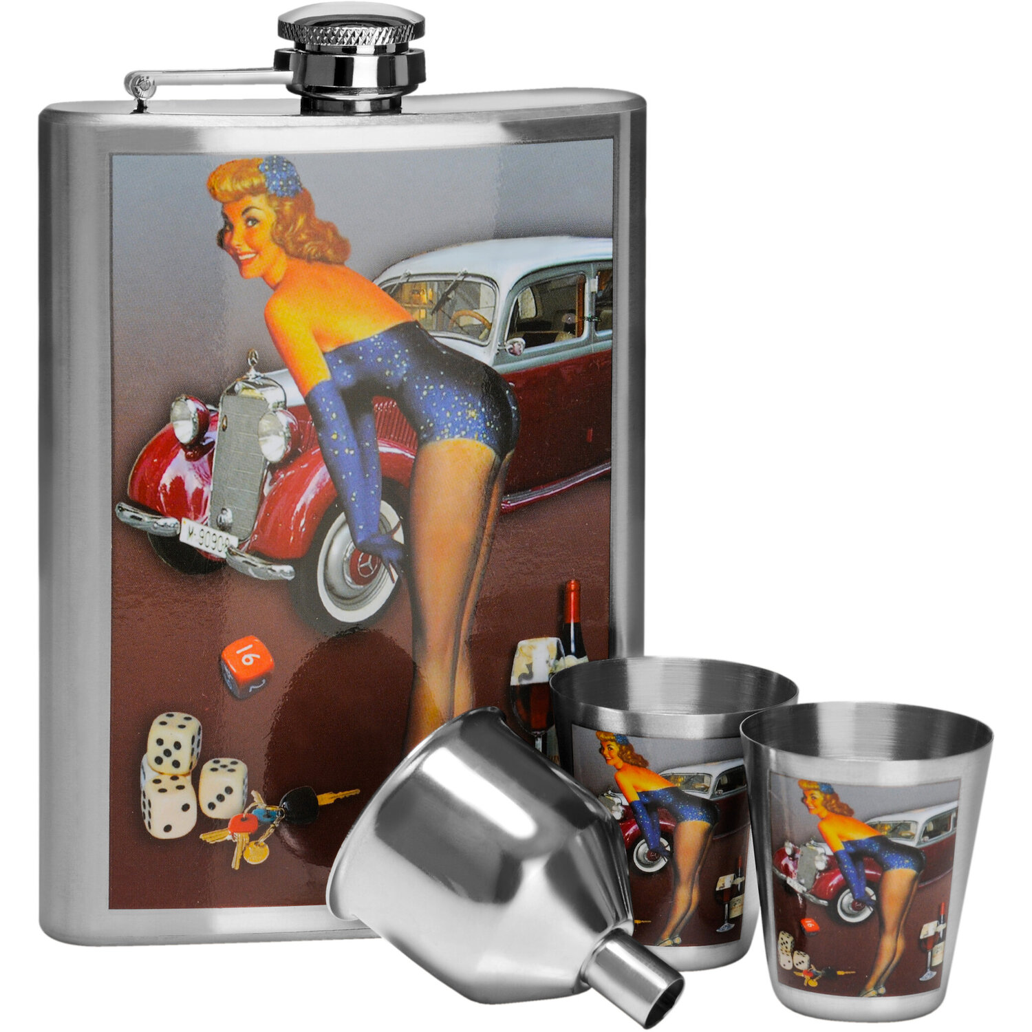 Pinup Hip 8Oz 2 Cups Flask Set - Assorted