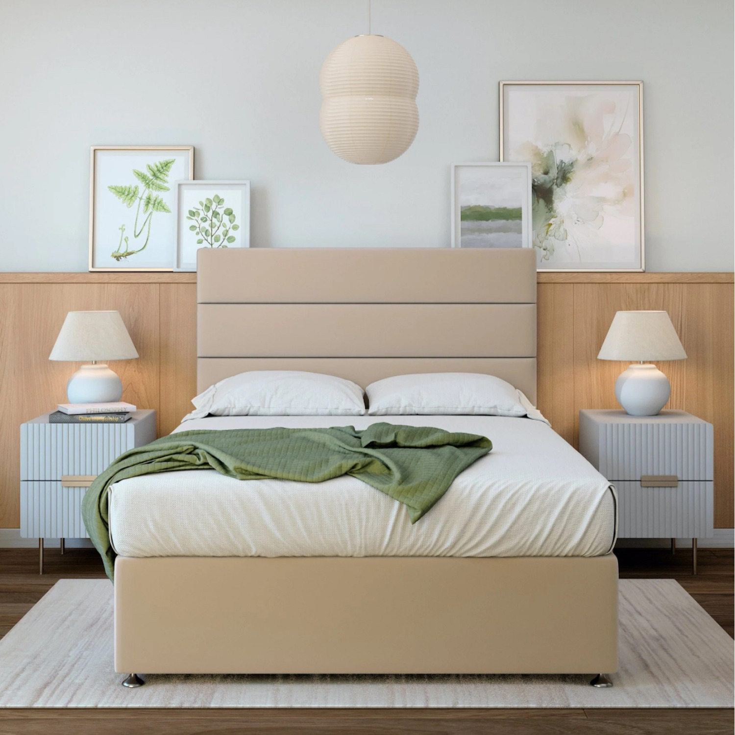 Plush Velvet Divan Base With Storage And Plain Headboard - Natural Superking 40kg
