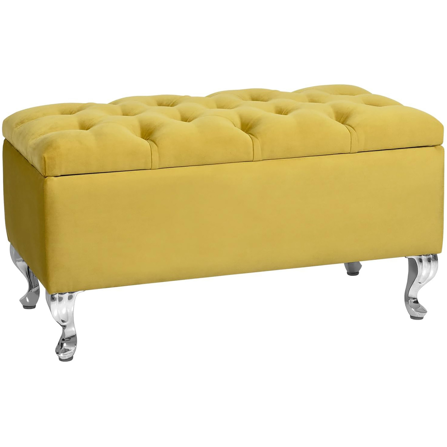 R&M Furnishers 137Cm Chesterfield Ottoman Storage Bench, Teal Tufted Upholstered Velvet Ottoman Footstool - Mustard Gold Plush Velvet
