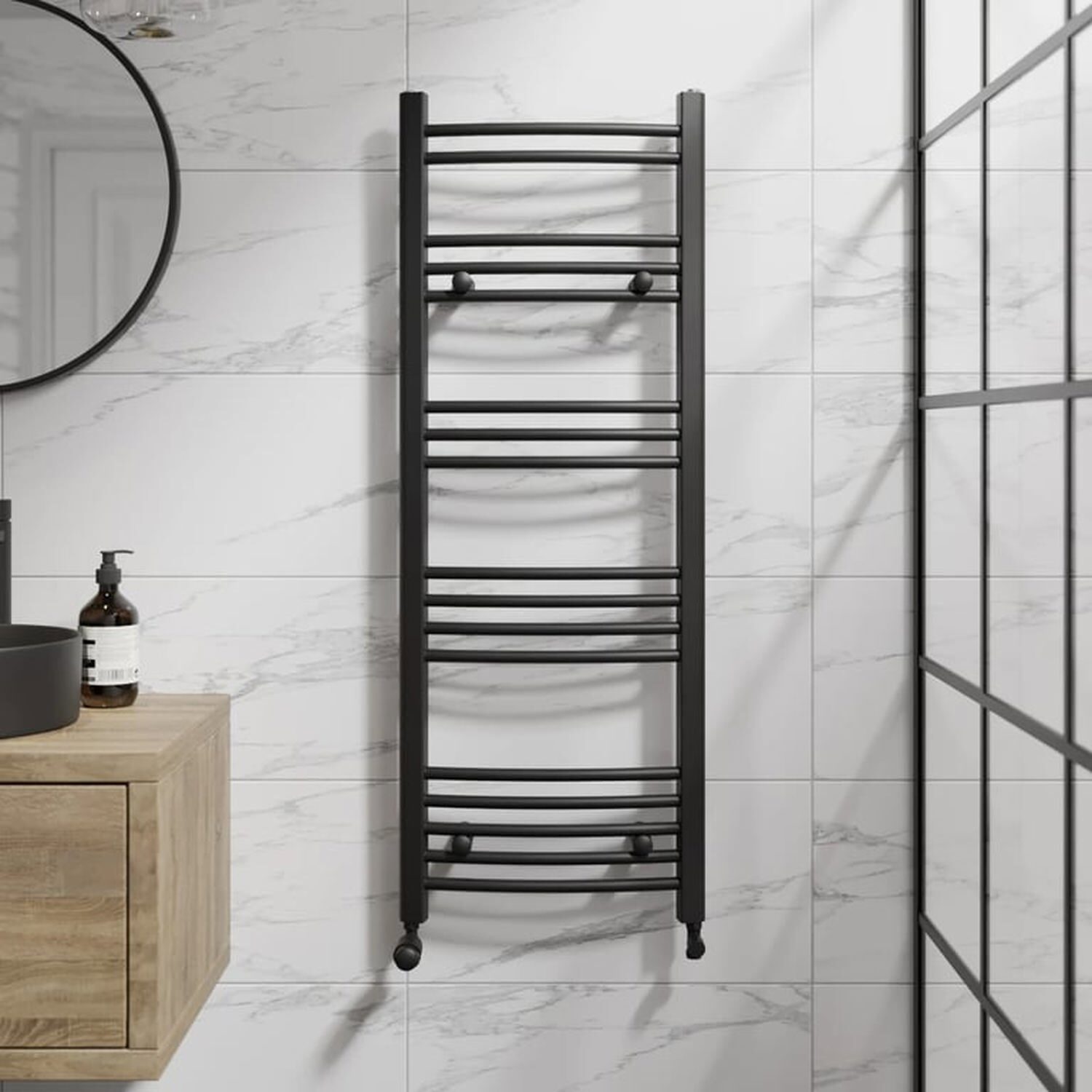 Temprazo 1200 X 450Mm Curved Bar Heated Towel Radiator - Brushed Brass - Black / 1200Mm