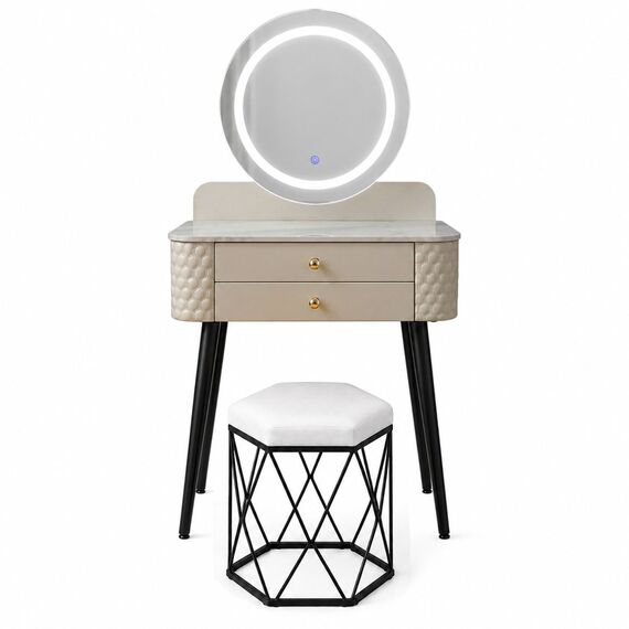 Modern Dressing Table with Round Mirror, 2 Drawers & Padded Stool - Makeup Vanity Desk for Bedroom