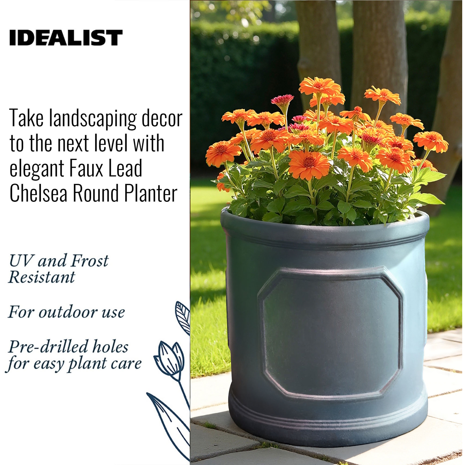 Idealist Set Of 2 Chelsea Cylinder Planter, Outdoor Plant Pot, Round Flower Pot - Grey / 41Cm / 2
