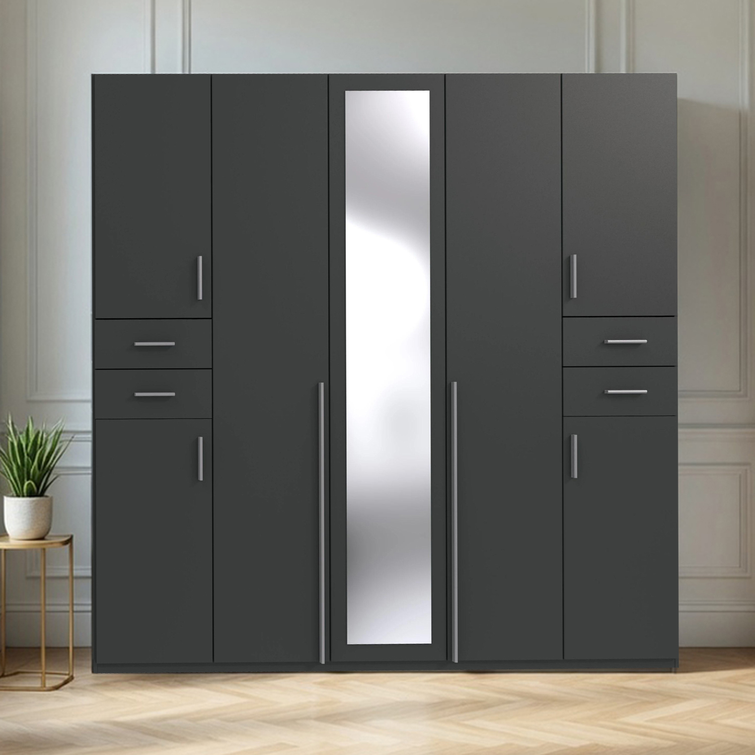 Kdmd Vegas Graphite 5 Door Wardrobe With Mirror And Drawers - Grey