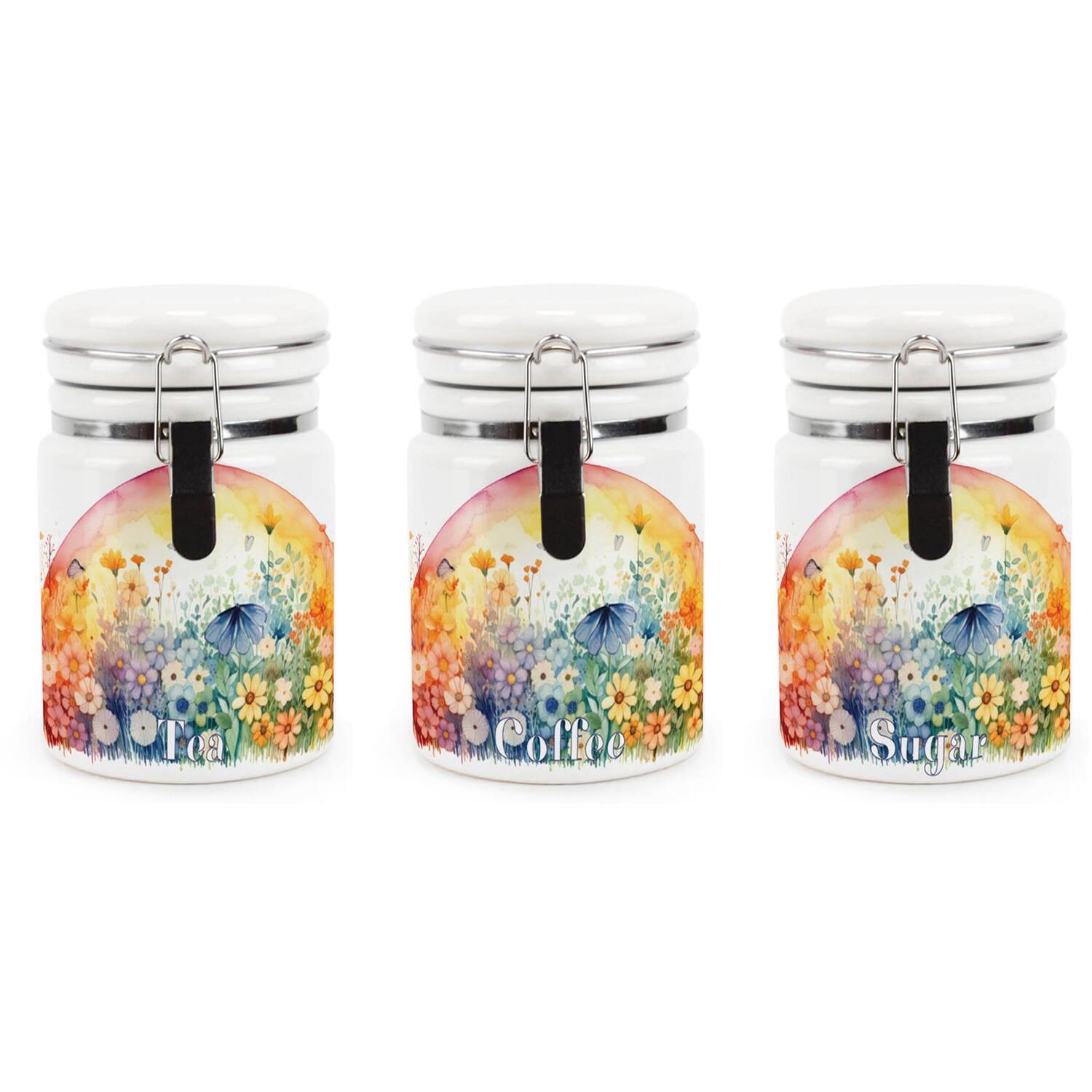 B&Q - Rainbow Flowers Tea Coffee Sugar Ceramic CanistersVibrant Sunrise Floral GiftStorage Containers With Clip Lid - Image 2