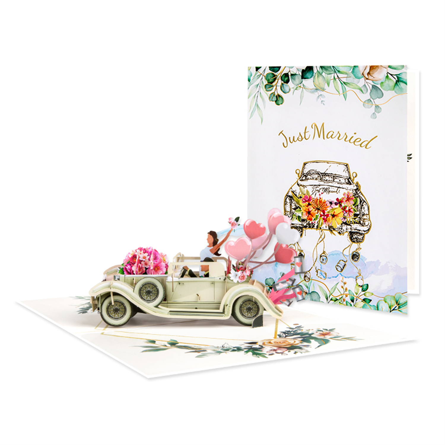 Vintage Car Bride & Groom “Just Married” 3D Pop Up Wedding Congratulations Card - Image 2