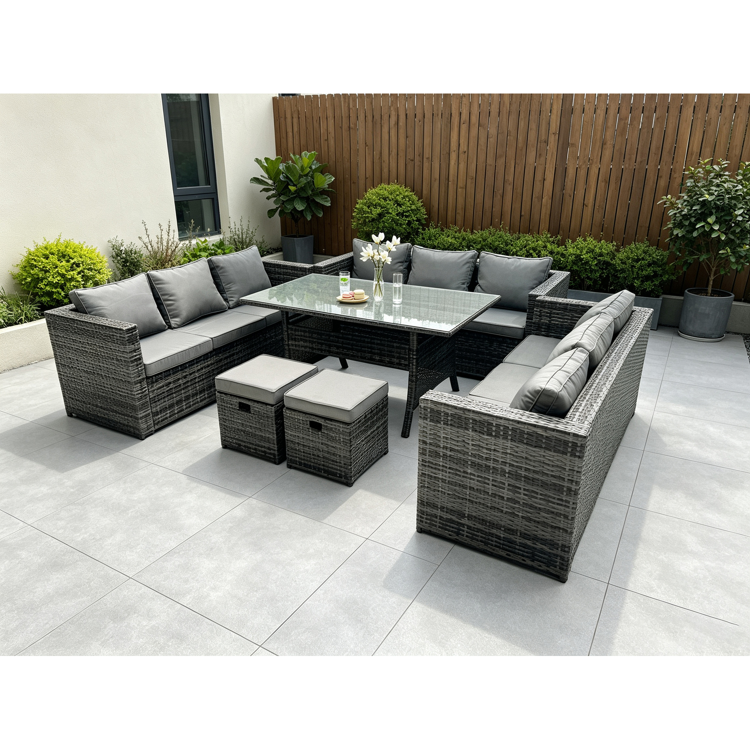 Fimous Dark/Grey 11 Seater Outdoor Wicker Garden Furniture Rattan Lounge Sofa Set Patio Rectangular Dining Table With 2 Small Footstool Mixed - Image 2
