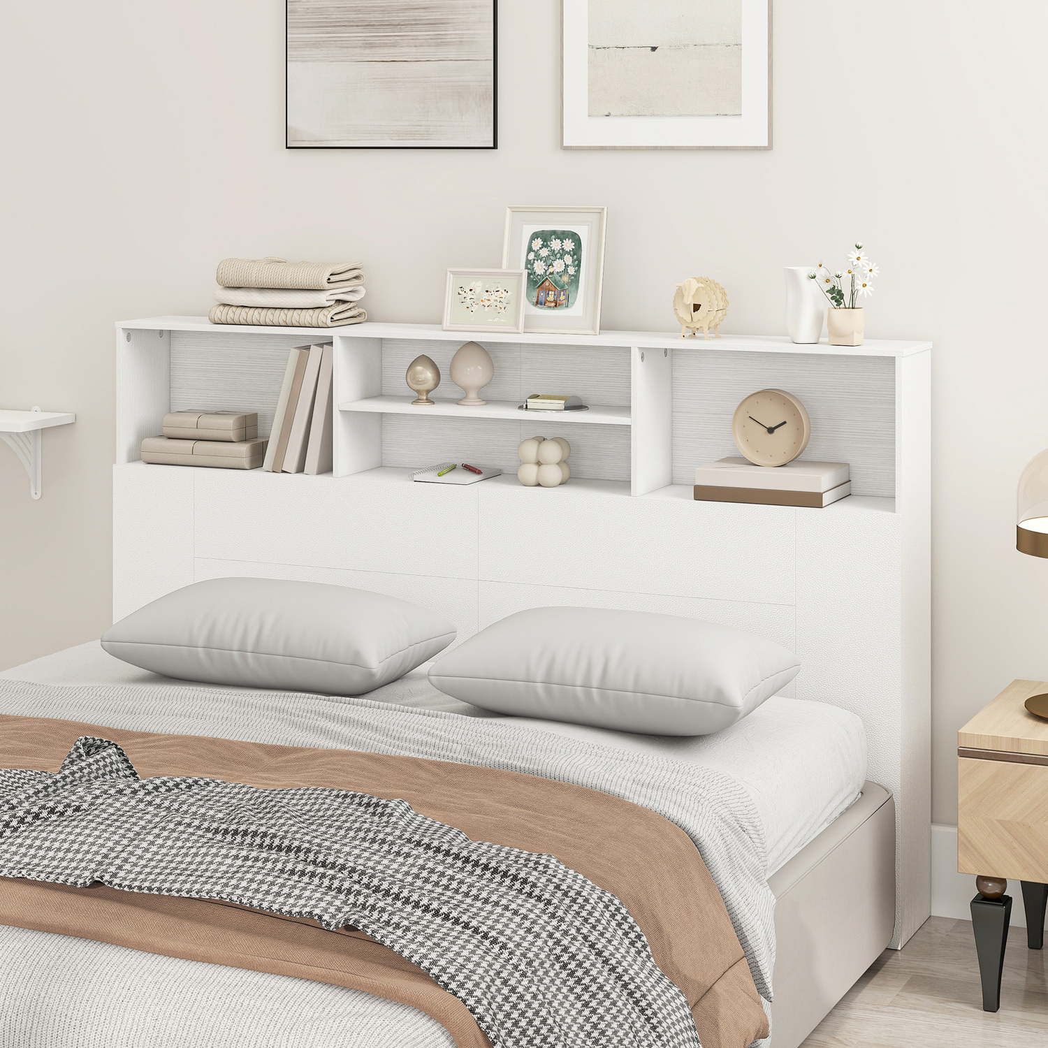 Homcom King Size Headboard With Storage And 4 Open Compartments, White - White